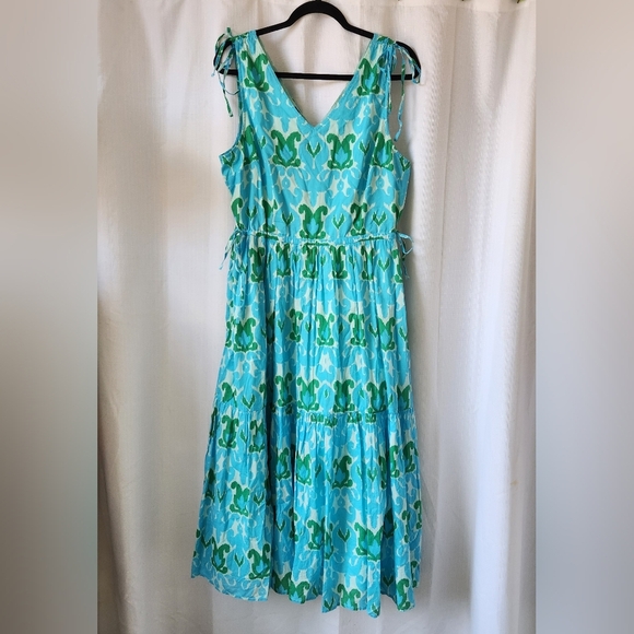 Talbots Ikat Medallion Tiered Teal Green Cotton Maxi Dress Size 16P - Picture 3 of 9